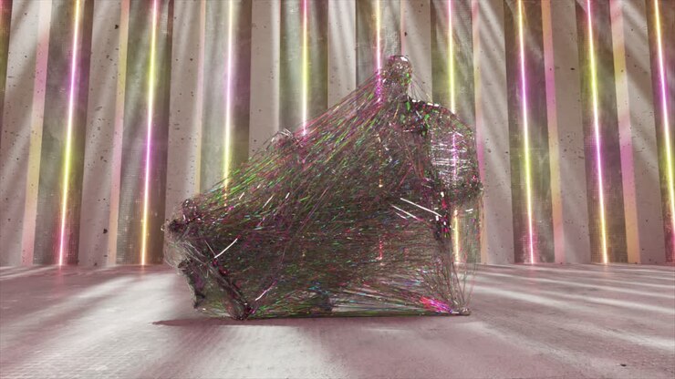 Abstract Geometric Sculpture in Neon-Lit Concrete Room