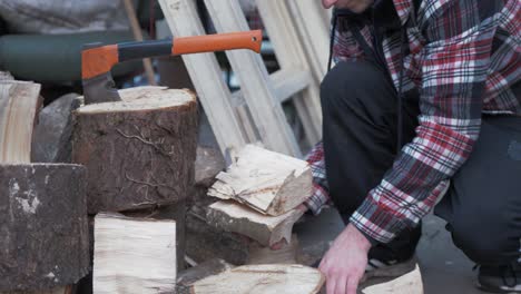 chopping logs and collecting kindling for the fire