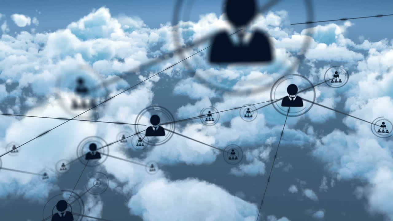 animación de redes de conexiones con iconos en el cielo