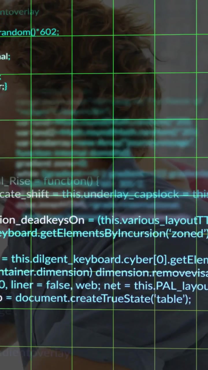 Vertical video: Man shifting, frames advancing, green grid and code flowing over torso showing tech