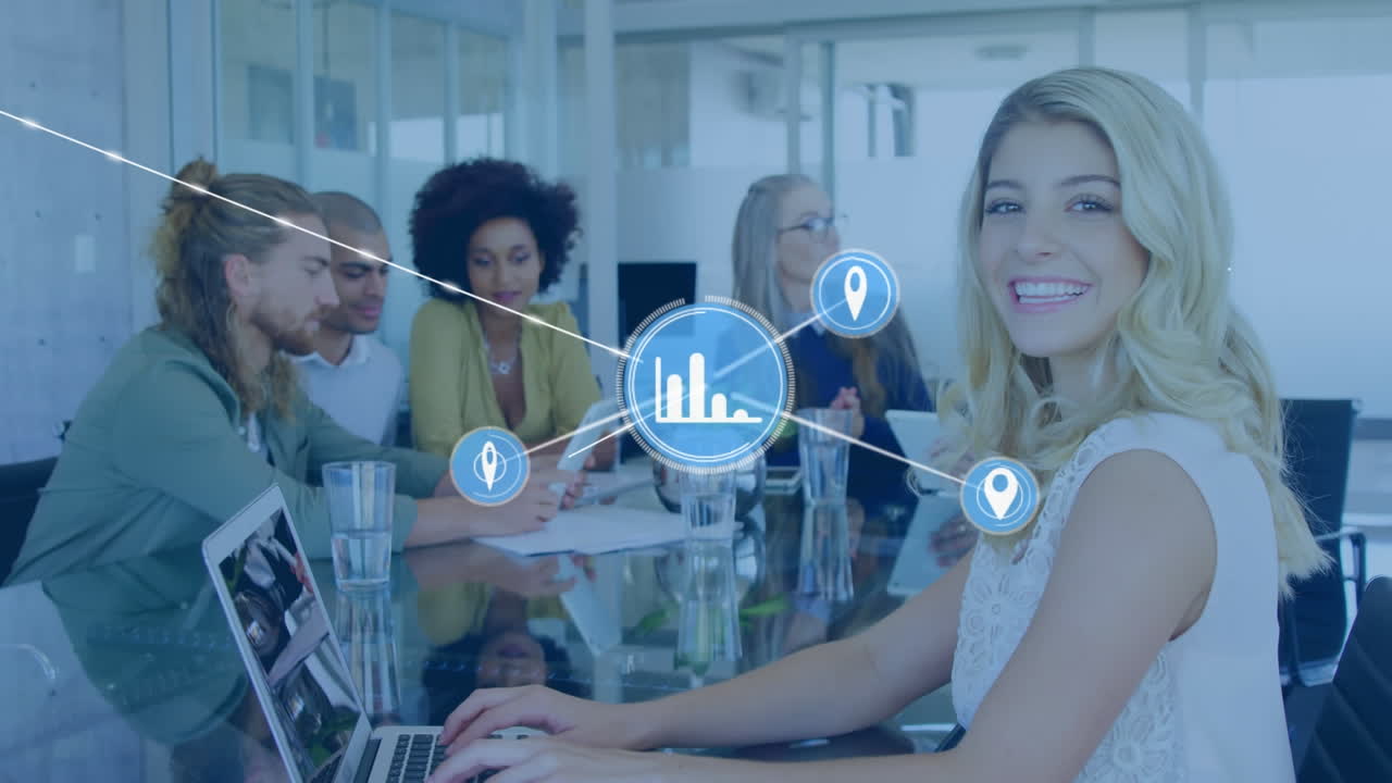 Animazione di rete di connessioni con icone su diversi uomini d'affari