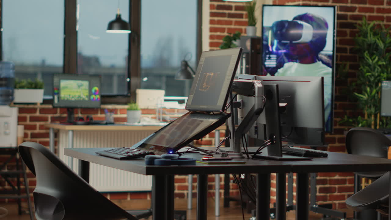 Creative agency modern office with multiple monitors to work on professional content