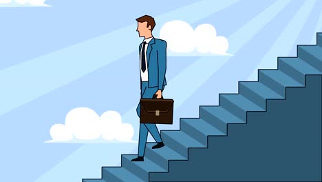 flat cartoon businessman character with case bag goes down the career ladder stairs concept  animation