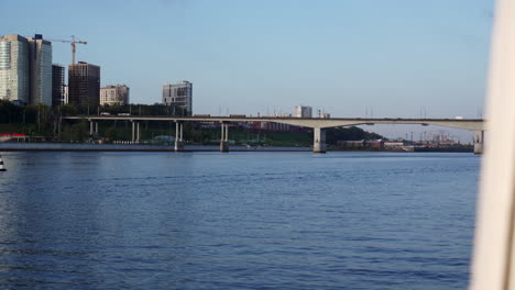city river with bridge and urban skyline