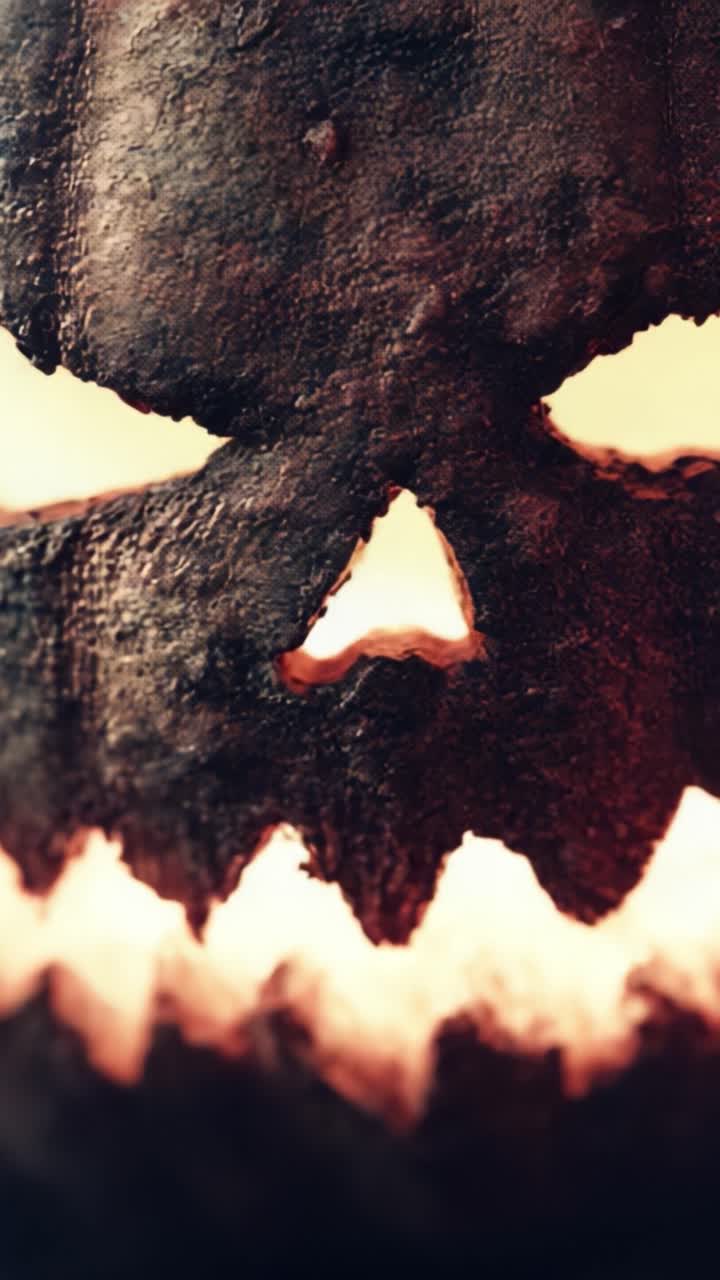 A Hauntingly Sinister Jack-o'-Lantern: A Striking Close-Up of a Grinning Skull with Fiery Glow, Eliciting Fear and Mystery in Its Dark Textured Surface