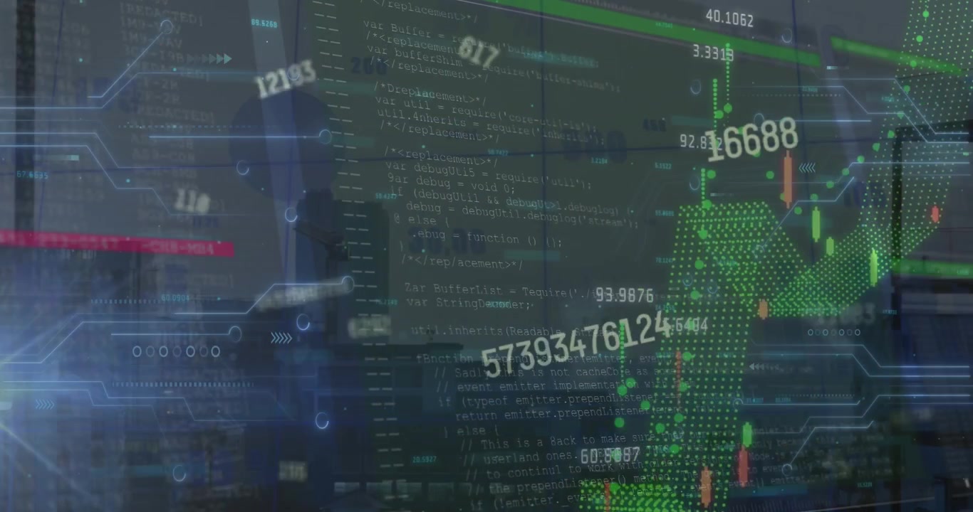 Animation of data processing over cityscape