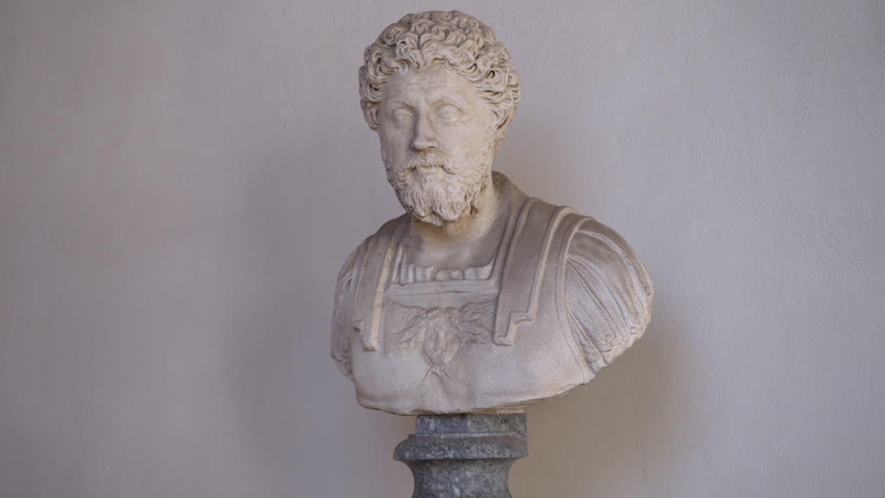 Slow zoom in on the ancient carved roman bust of stoic philosopher and emperor of Rome, Marcus Aurelius.