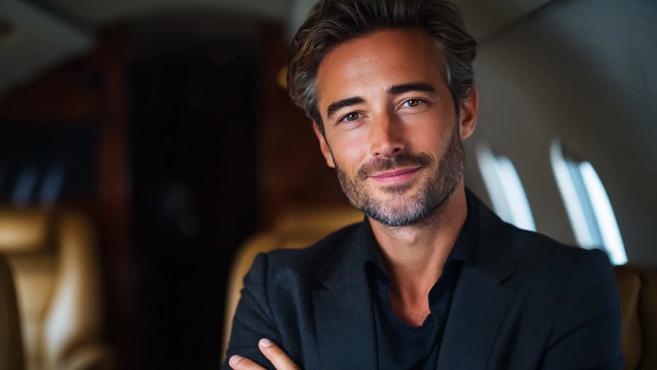A sophisticated man with stylish gray hair, confidently posing in a luxurious private jet interior, exuding charm and elegance, dressed in a sleek black outfit, highlighted by soft lighting and a professional atmosphere
