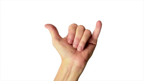 close up shot of a male hand throwing a classic hang loose sign, against a plain white background