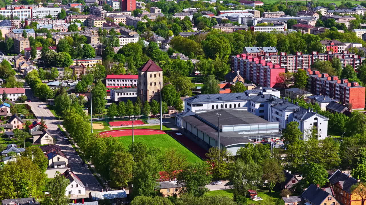 Profile view of an European neighborhood filled with greenery. Tourist destination