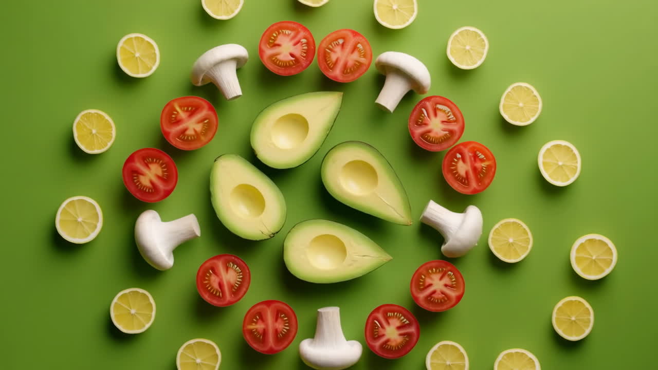 Artistic Arrangement of Fresh Avocados, Sliced Tomatoes, Lemons, and Mushrooms on a Green Background
