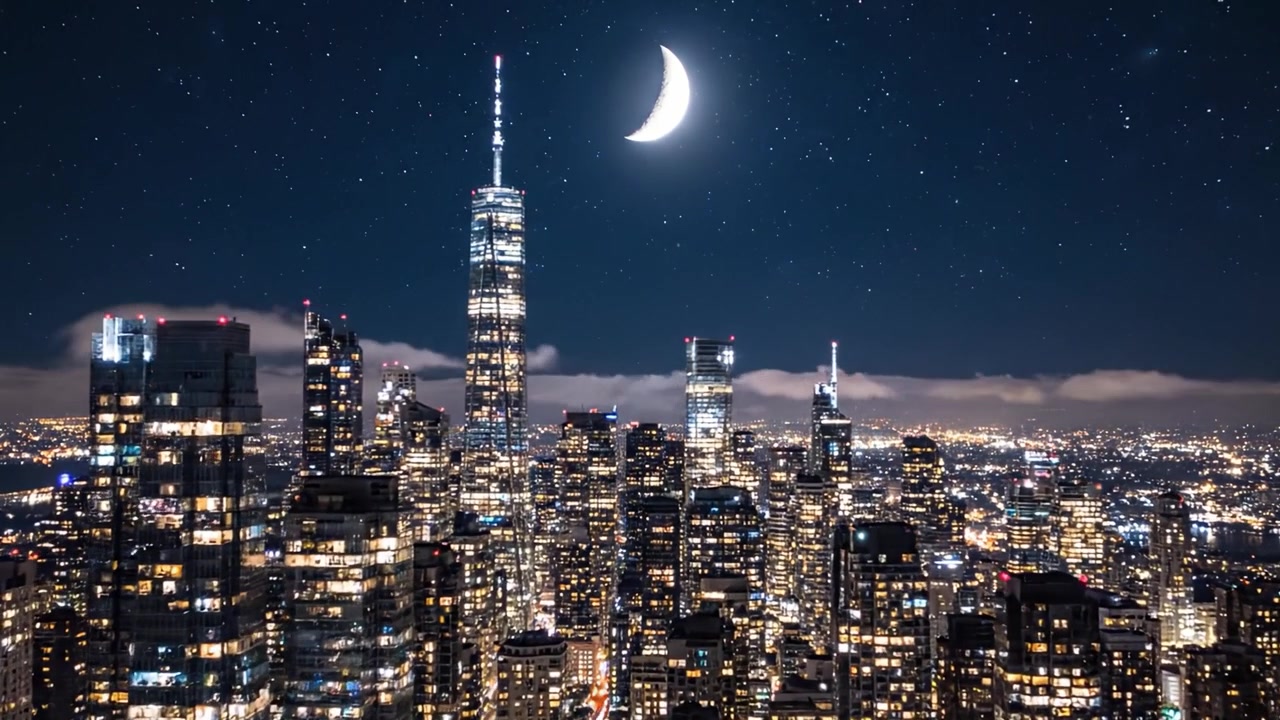 En betagende nattescene af en bys skyline under en halvmåne, oplyst af utallige funklende lys og stjerner, der fanger essensen af urban skønhed og ro