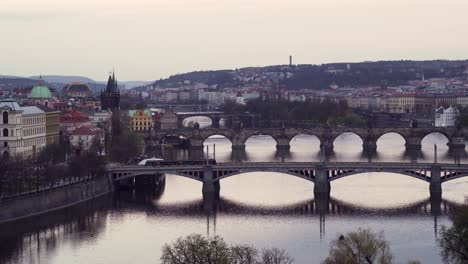 prague downtown and tram drive across legionary bridge, lookout view, czech republic