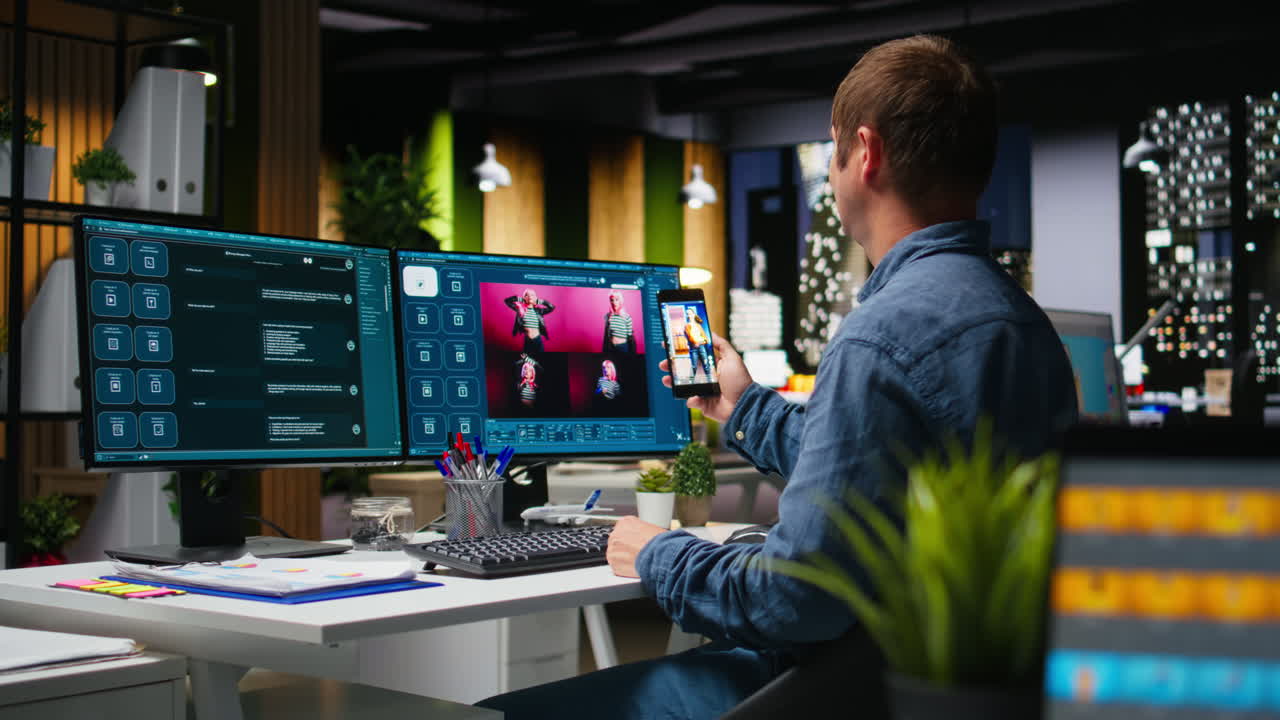 Skilled photo editor working on creative editing and generating content