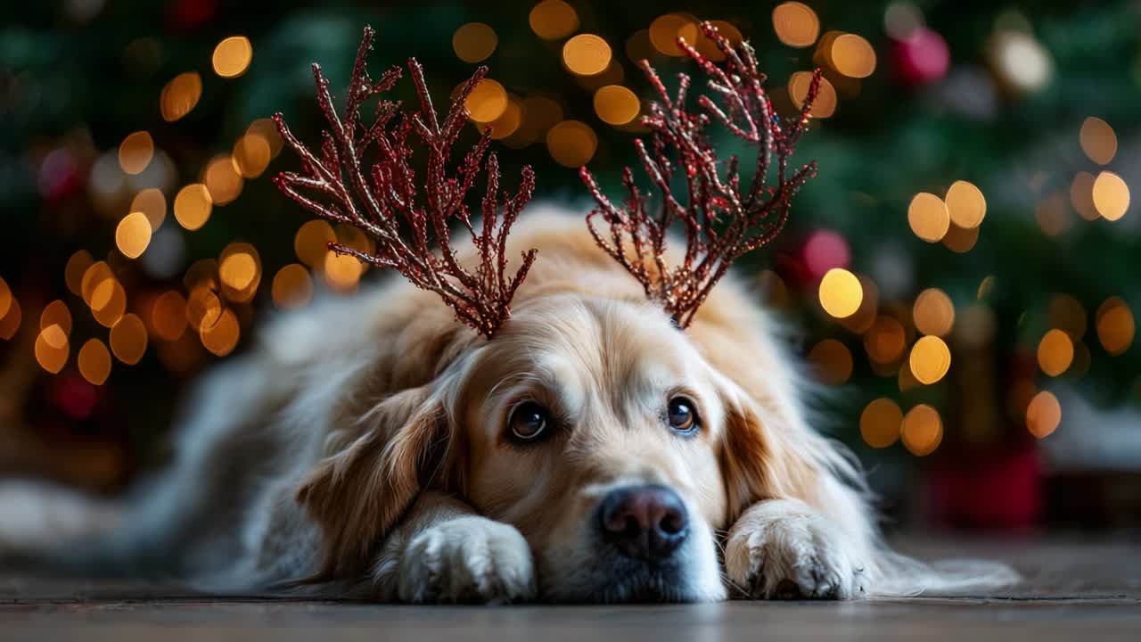 A Golden Retriever Brings Holiday Cheer with Adorable Antlers, Posing Elegantly Against a Beautifully Decorated Christmas Tree and Sparkling Lights in a Cozy Winter Atmosphere