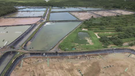 Aerial-drone-dolly-shot-of-industrial-shrimp-farm-on-the-edge-of-a-national-park-in-Thailand