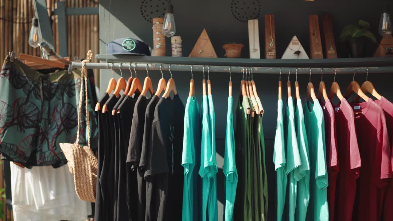camisas y pantalones cortos de diferentes colores colgados en un estante en la tienda en el nido, filipinas en un día soleado - toma de primer plano