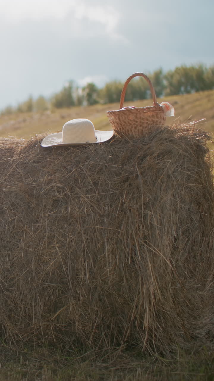 sombrero de paja y canasta de picnic tejida con tela en una bala de heno en vastas tierras de cultivo bajo la cálida luz del sol, un entorno rural pacífico captura la esencia del estilo de vida del campo