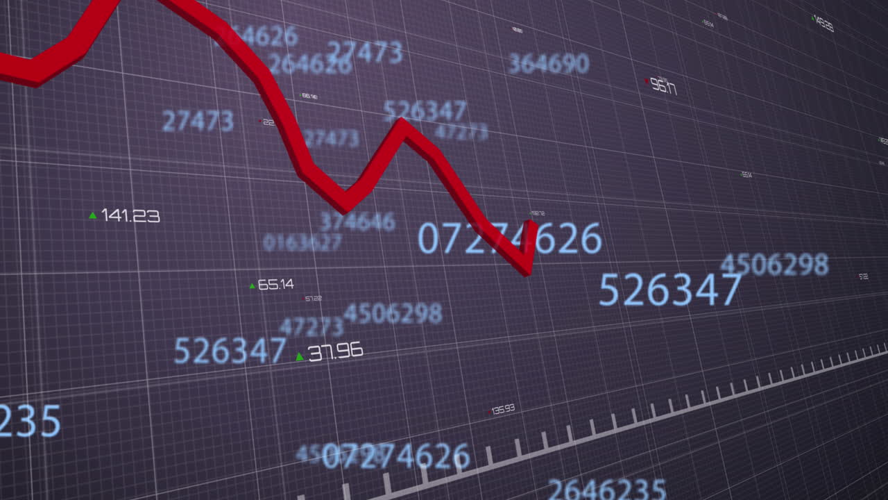 Digital animation of changing numbers and statistical data processing against blue background