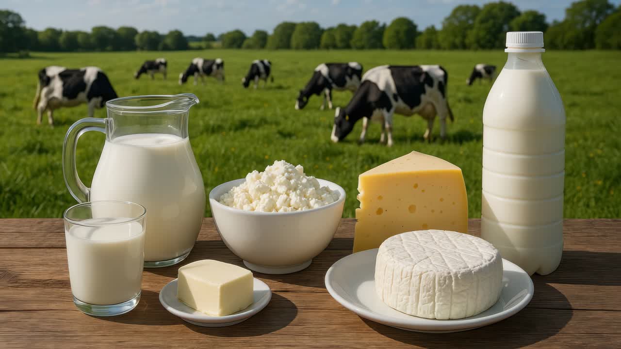 Aerial video view of dairy products on a wooden table with cows grazing in the background