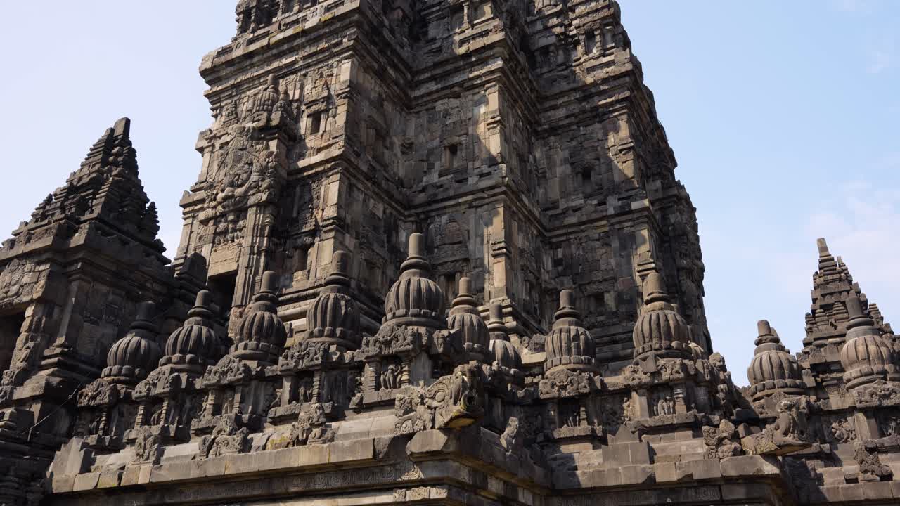 Detailed Carvings, Statues at Prambanan Temple Yogyakarta, Indonesia with daylight Skyline