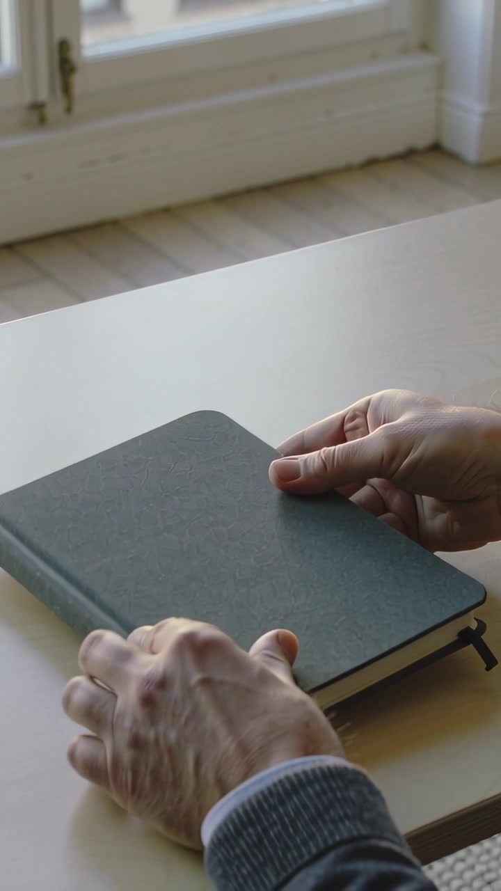 Lodret video: Hænder med sweater-ærmer placerer sort notesbog på skrivebord ved vindue til skrivning