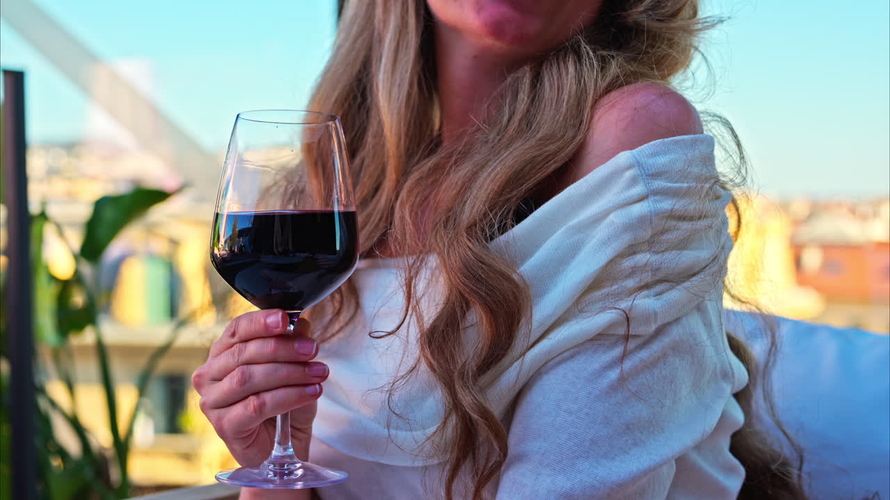 Close up of a woman holding a glass of red wine at a terrace