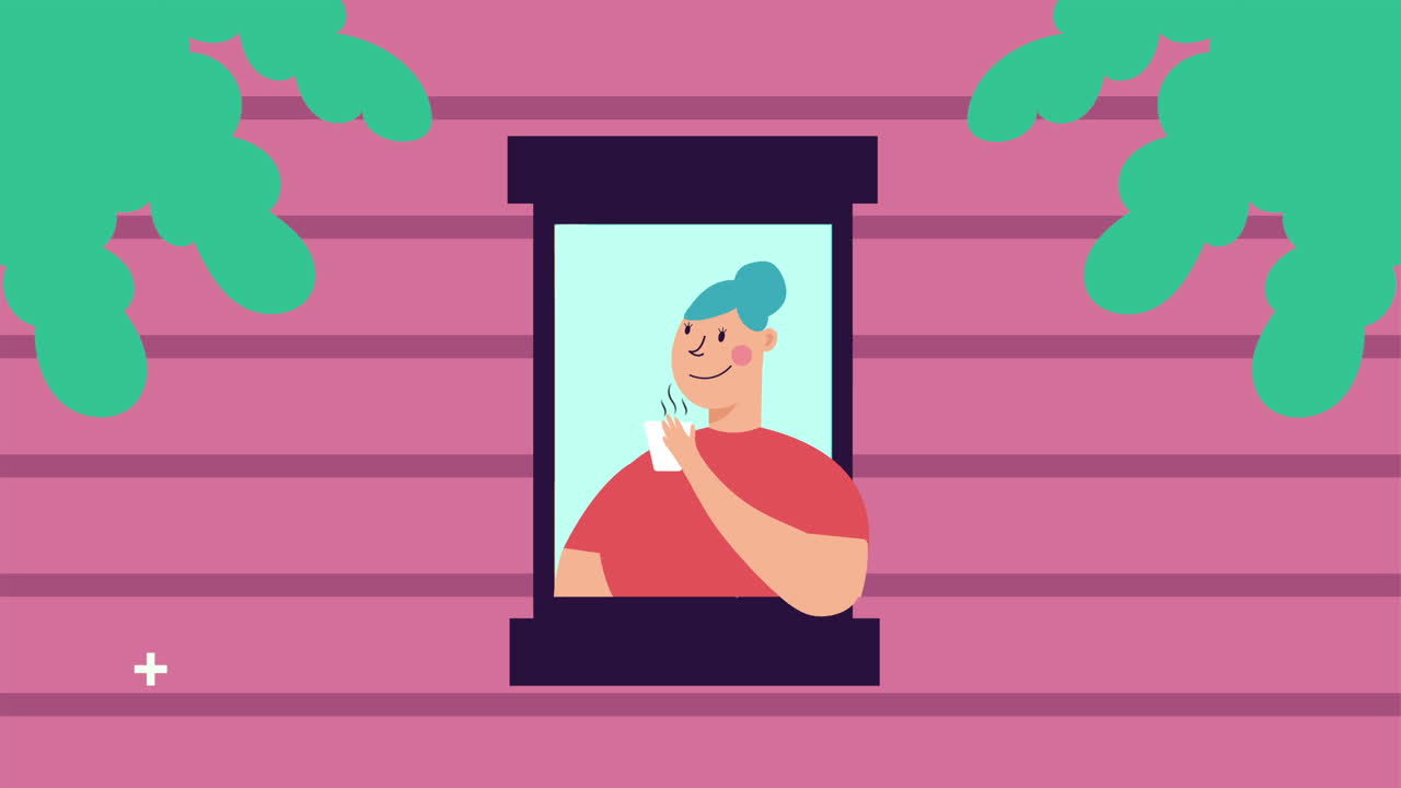 mujer bebiendo café en la ventana del apartamento campaña de quedarse en casa