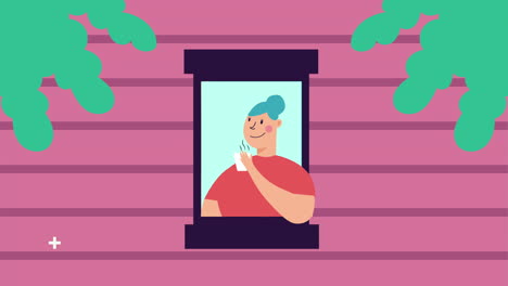 woman drinking coffee in apartment window stay home campaign