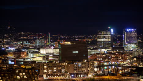 Timelapse-Del-Paisaje-Urbano-De-La-Noche-Del-Centro-De-Oslo