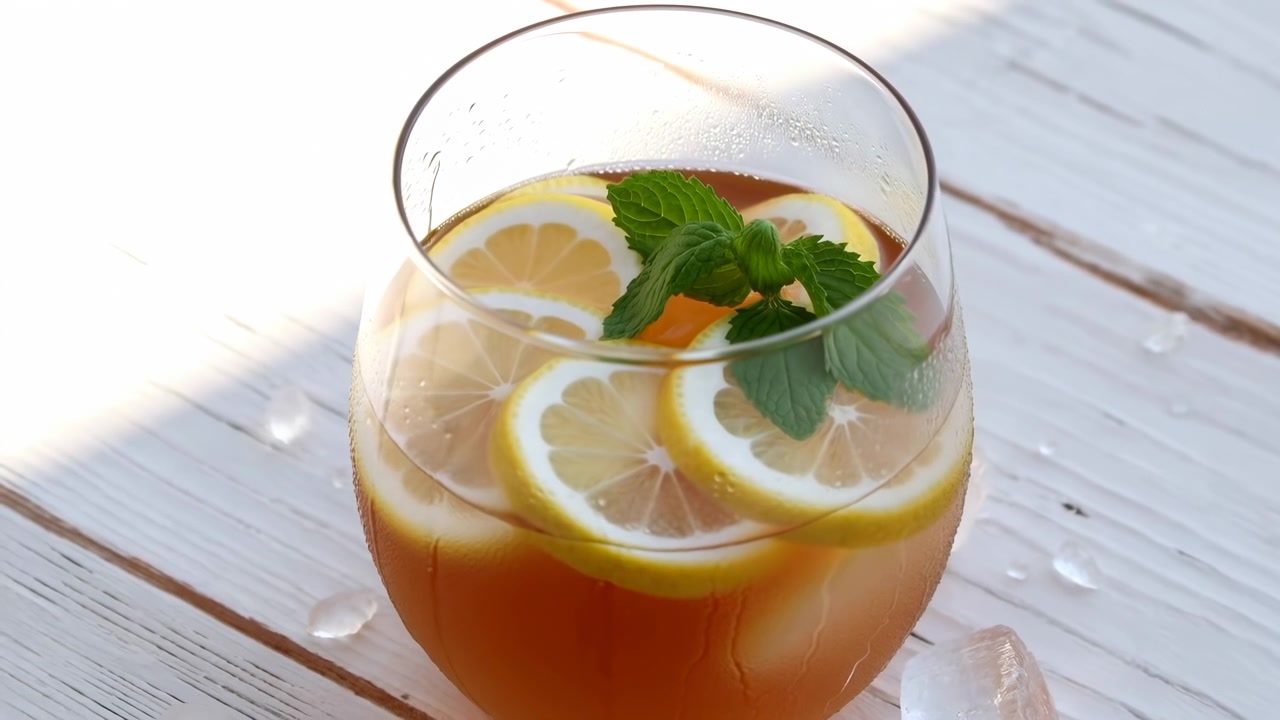 Bicchiere arrotondato senza stelo contiene una bevanda ambrata ghiacciata con fette di limone sovrapposte, un rametto di menta fresca, cubetti di ghiaccio e goccioline d'acqua su un tavolo di legno sbiancato, delicatamente illuminato dalla luce diurna diagonale