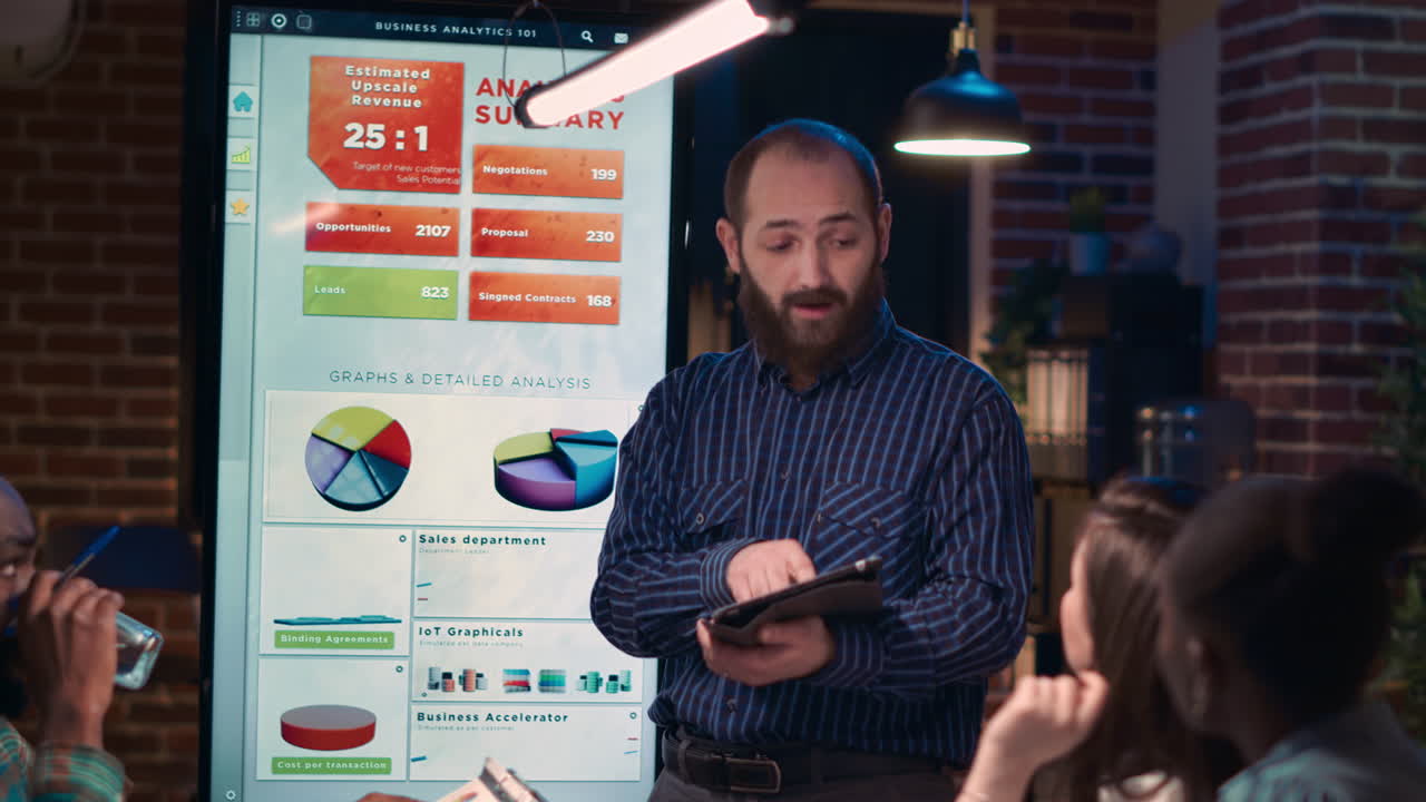 Company analyst explaining statistics, giving presentation in business meeting