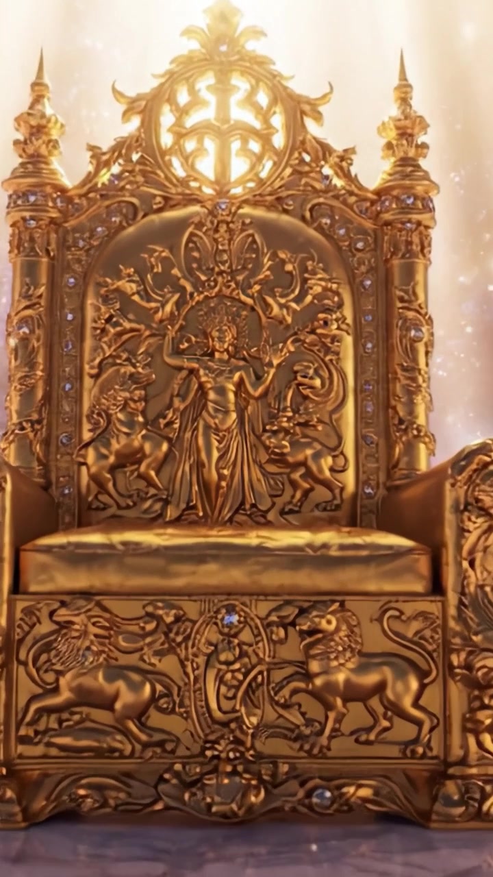 An Exquisite Golden Throne Surrounded by Ethereal Light, Symbolizing Power and Majesty, Glistening Elegance with Intricate Details Against a Heavenly Background