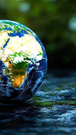 globe on moss at night. a globe depicting earth sits on a mossy surface, illuminated by soft light with a sparkling background at night.