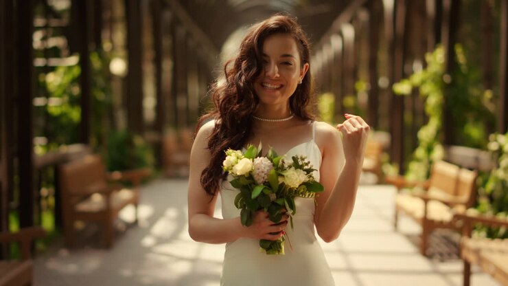 Cheerful bride posing with bouquet under arch