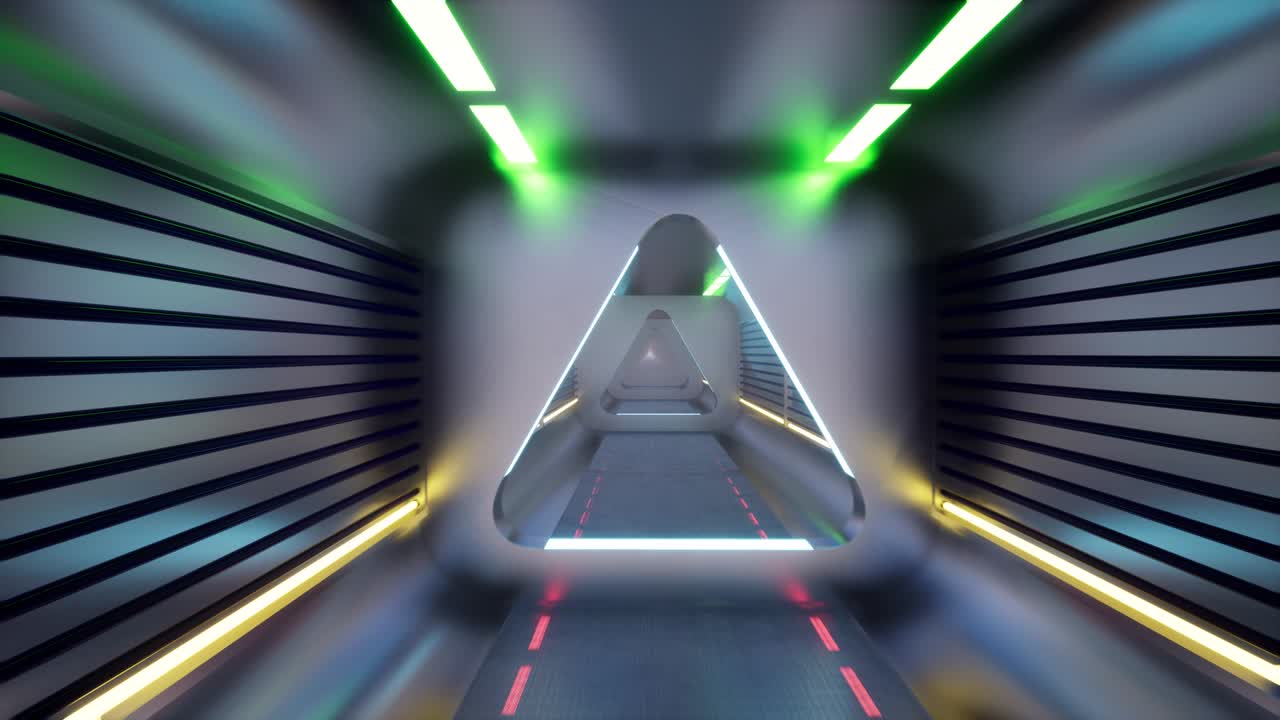 Tunnel metallico su sfondo chiaro per il design di sfondi di giochi. Corridoio interno di astronave futuristica. Interno di astronave, laboratorio. Tunnel spaziale. Astronave aliena futuristica. Render 3D. 4K