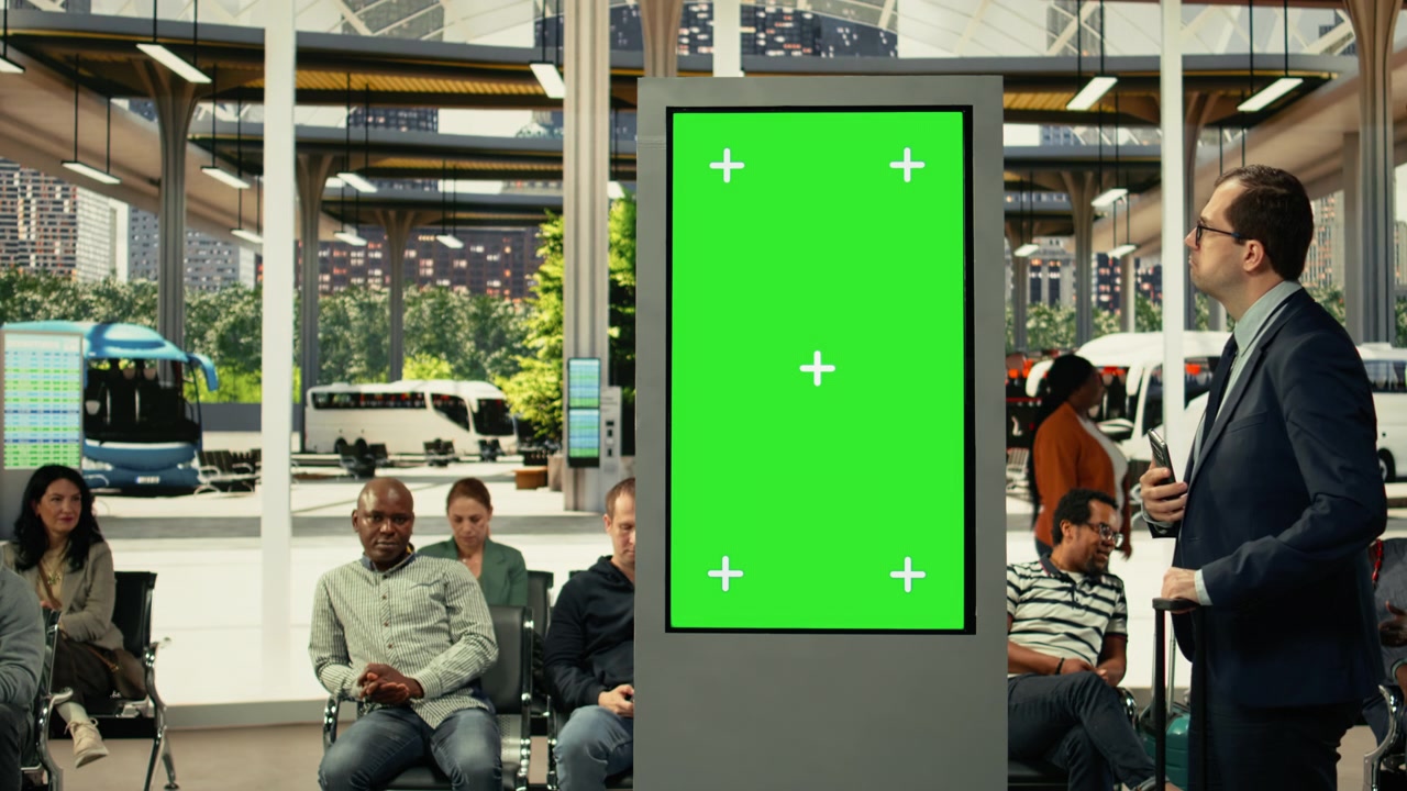 Schermo chroma key in un trafficato snodo di trasporto urbano con diversi passeggeri in attesa.