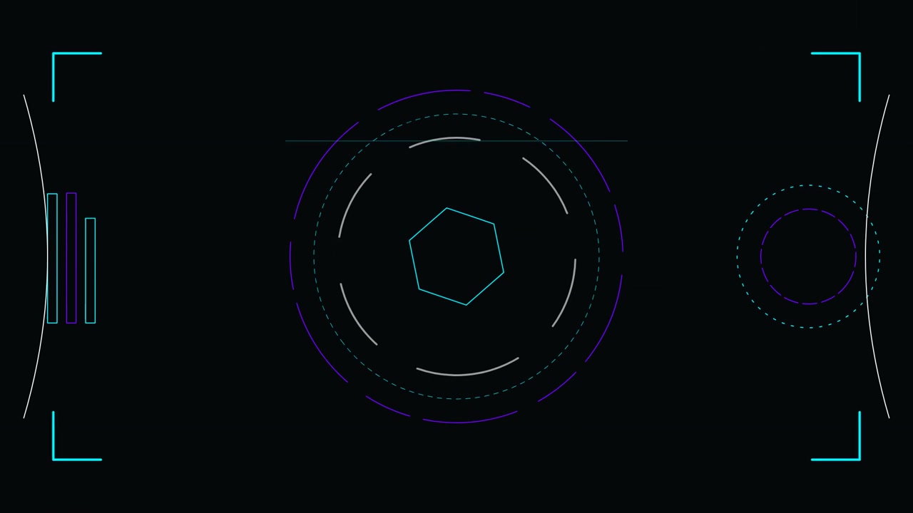 Interface HUD Digital Futurista com Hexágono Rotativo e Gráficos de Dados