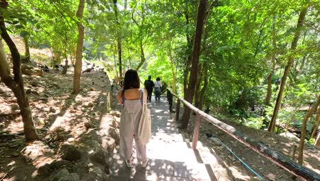 visitors explore scenic forest stairs at khao kheow