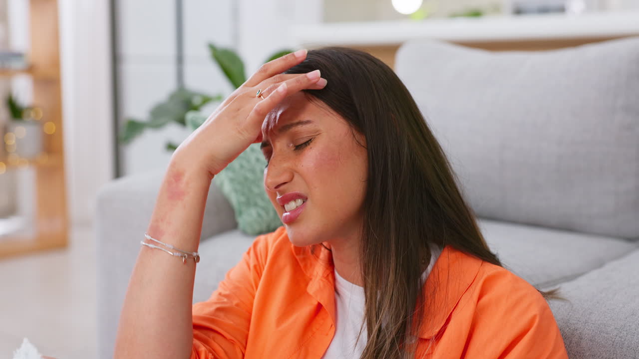 Headache, sick woman and pain in home of stress