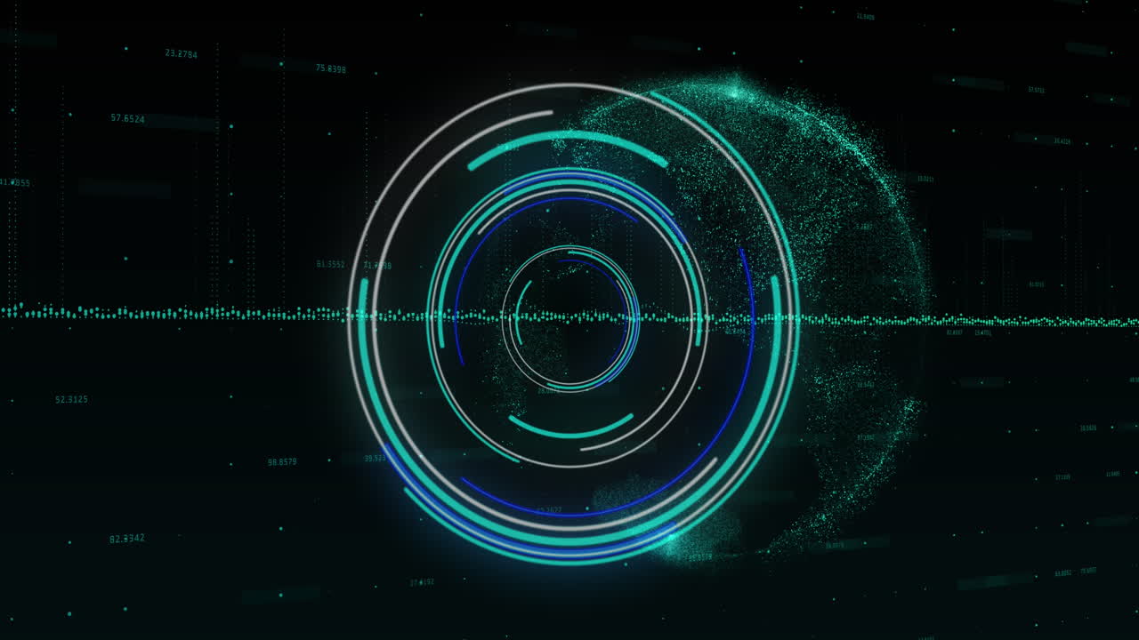 animación de gráficos sobre círculos iluminados contra el globo y números cambiantes en fondo negro