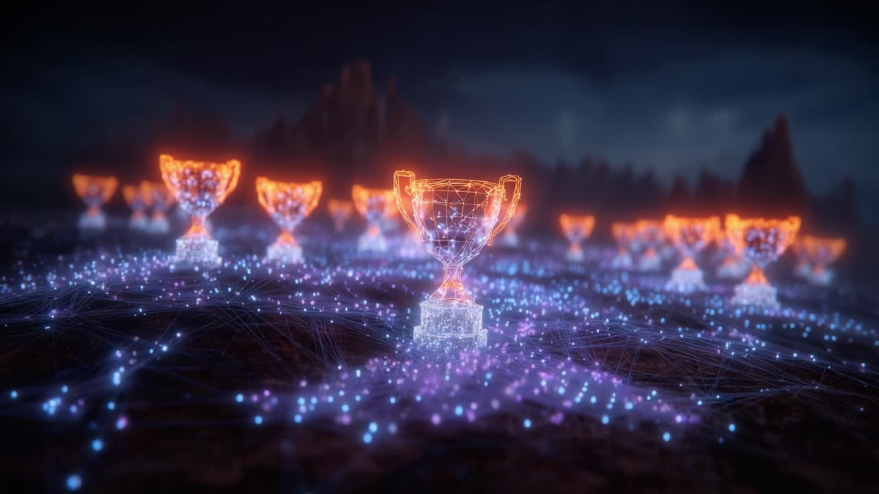 A Stunning Display of Digital Trophies Representing Achievement and Competition in a Vibrant, Illuminated Networked Universe of Victory and Success