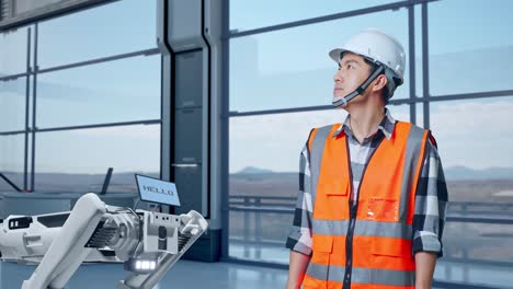 ingeniero observando el brazo robótico en una instalación moderna