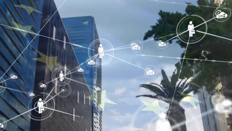 animación de la red de conexiones con iconos sobre un edificio de oficinas moderno