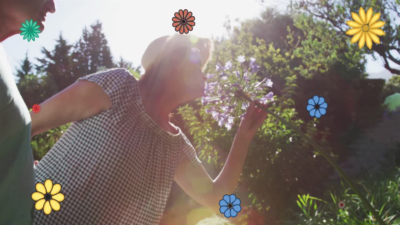 꽃 아이콘의 애니메이션 카우카스 부부가 꽃을 새를 맡고 있습니다.