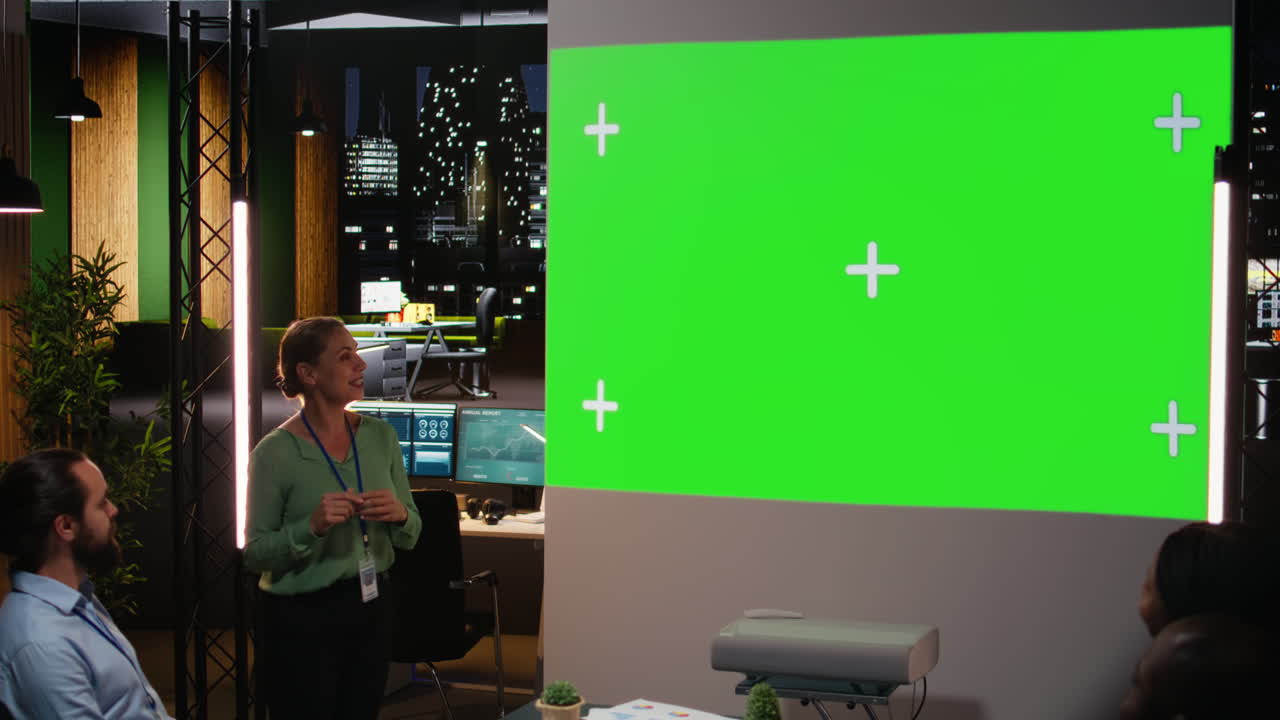 Diverse experts group gather for a corporate event with isolated screen