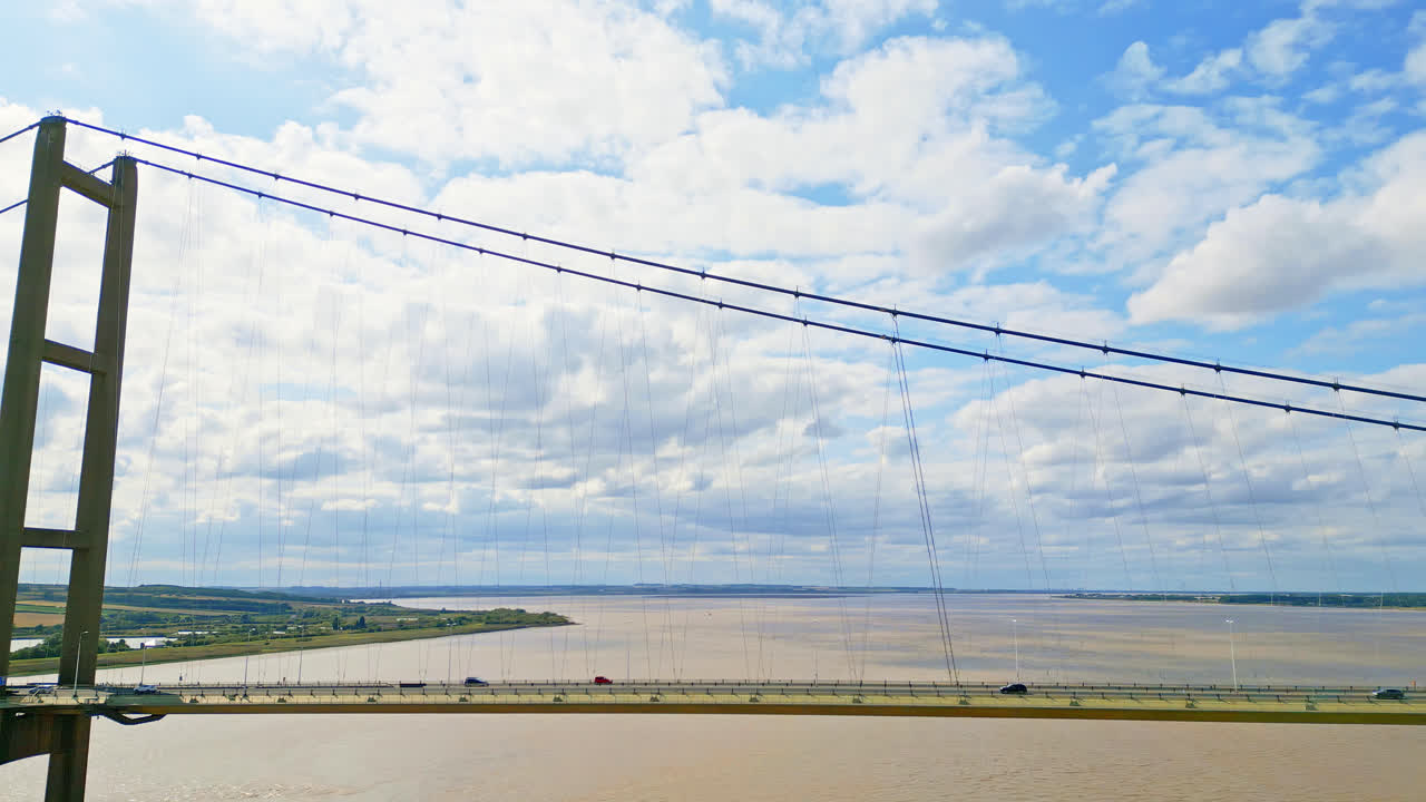 Aerial drone's view unveils Humber Bridge, the 12th largest single-span on Earth, spanning River Humber, facilitating traffic flow between Lincolnshire and Humberside