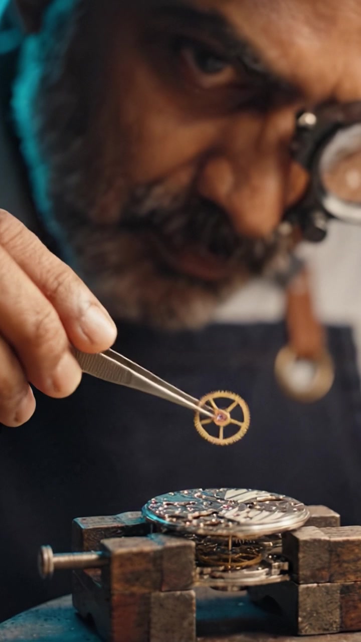 A skilled artisan meticulously examines a delicate gear with precision tweezers, highlighting the intricate craftsmanship of watchmaking in a focused workshop environment.