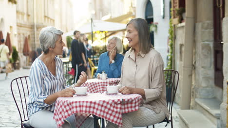 Zwei-Hochrangige-Beste-Freundinnen-Sitzen-Am-Tisch-Auf-Der-Caféterrasse-Im-Freien,-Entfärben-Kaffee-Und-Reden