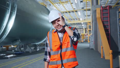 ingeniero masculino asiático con casco de seguridad de pie en una fábrica de fabricación de tubos. sonriendo a la cámara y mostrando el signo de la mano ok sobre el ojo